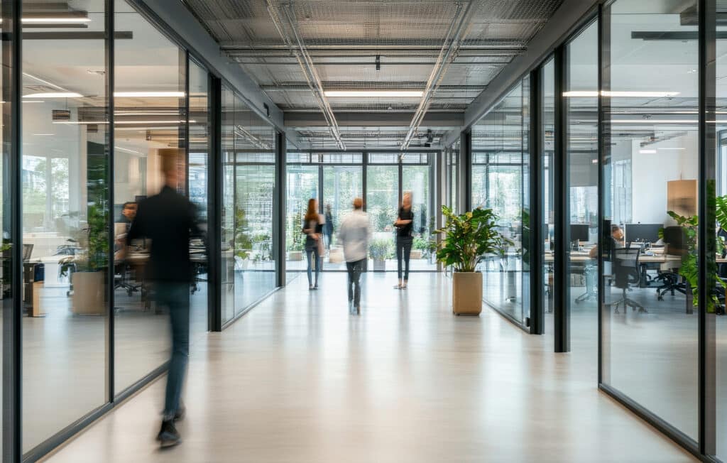 kantoorgebouw waarbij je professionele mensen ziet die door de gang lopen