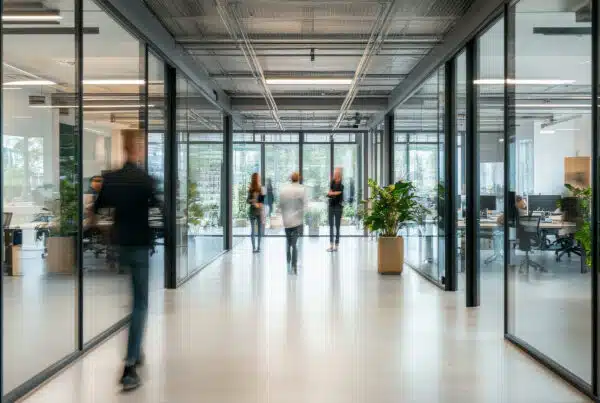 kantoorgebouw waarbij je professionele mensen ziet die door de gang lopen